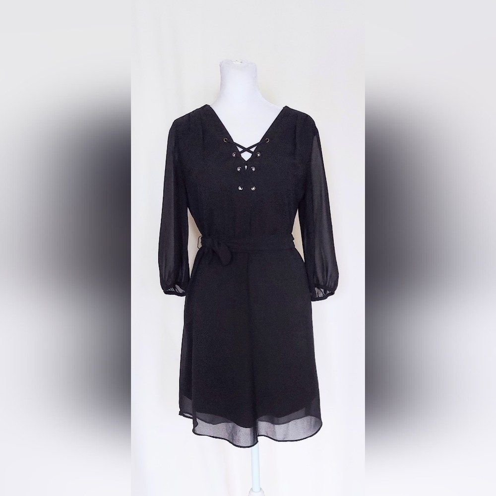 Iz Byer Balloon Sleeve Tie Waist Shirt Dress Black Size Small